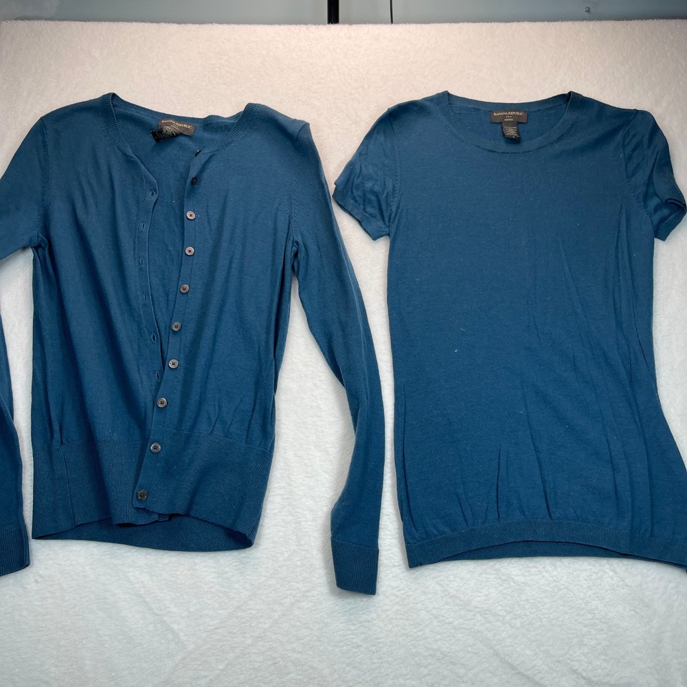 Banana Republic Cardigan Set Women M Teal Merino Wool Twin Set Layering Knit
